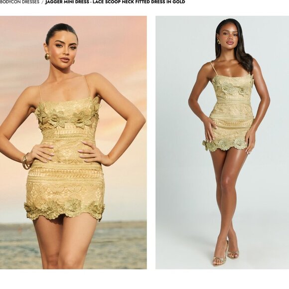 SHOWPO Jagger Mini Dress - Lace Scoop Neck Fitted Dress in Gold Size 8 US  NWT